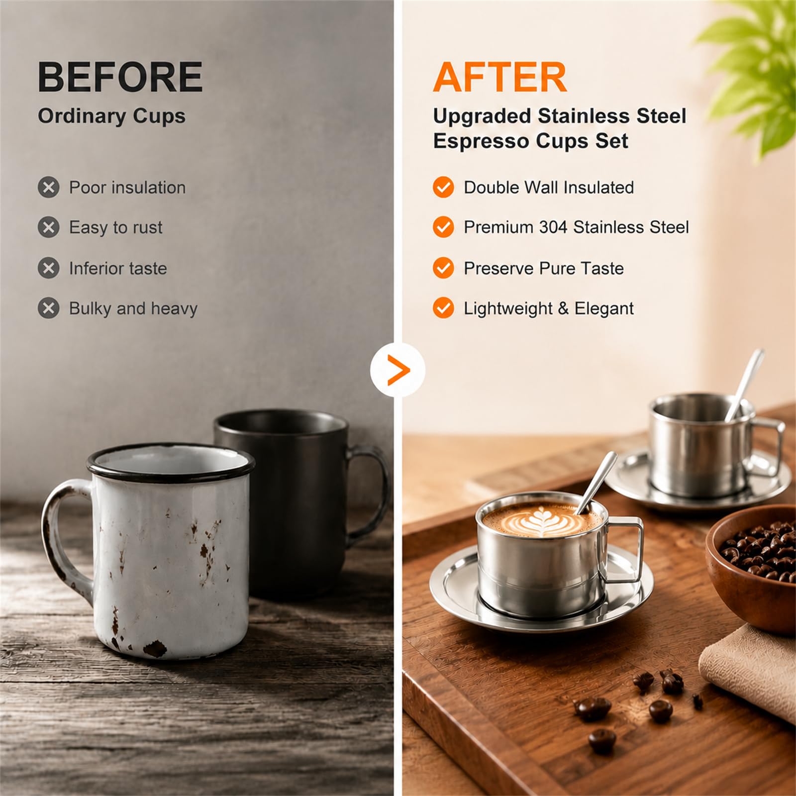 ZENFUN Zestaw 4 filiżanek do kawy ze stali nierdzewnej, kubki do espresso, kubki do kawy z podwójnymi ściankami, naczynia do latte, cappuccino, mleka, herbaty, 4 szt