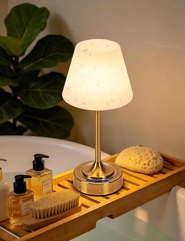 FIALAME Shower Lamp Waterproof, Cordless Rechargeable Table Lamp with Battery Indicator, Touch Dimming, LED Cordless Shower Light for Patio, Camping, Bathroom, Restaurant & Kitchen by FIALAME - Used condition - US$26.06