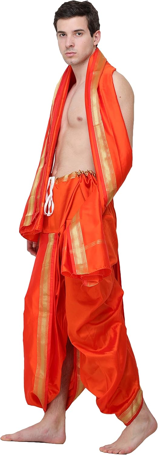 Exotic India Ready to Wear Dhoti and Angavastram Set with Woven Golden Border
