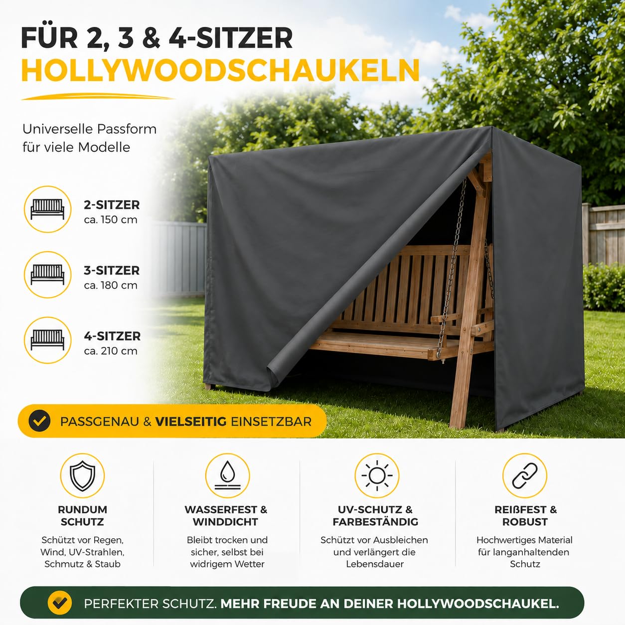 Hollywoodschaukel Abdeckung für 2,3,4-Sitzer, Schutzhülle wasserfest & Winddicht & UV-Schutz - reißfeste Plane Gartenschaukel & Schaukelbank - 210 x 150 x 150cm