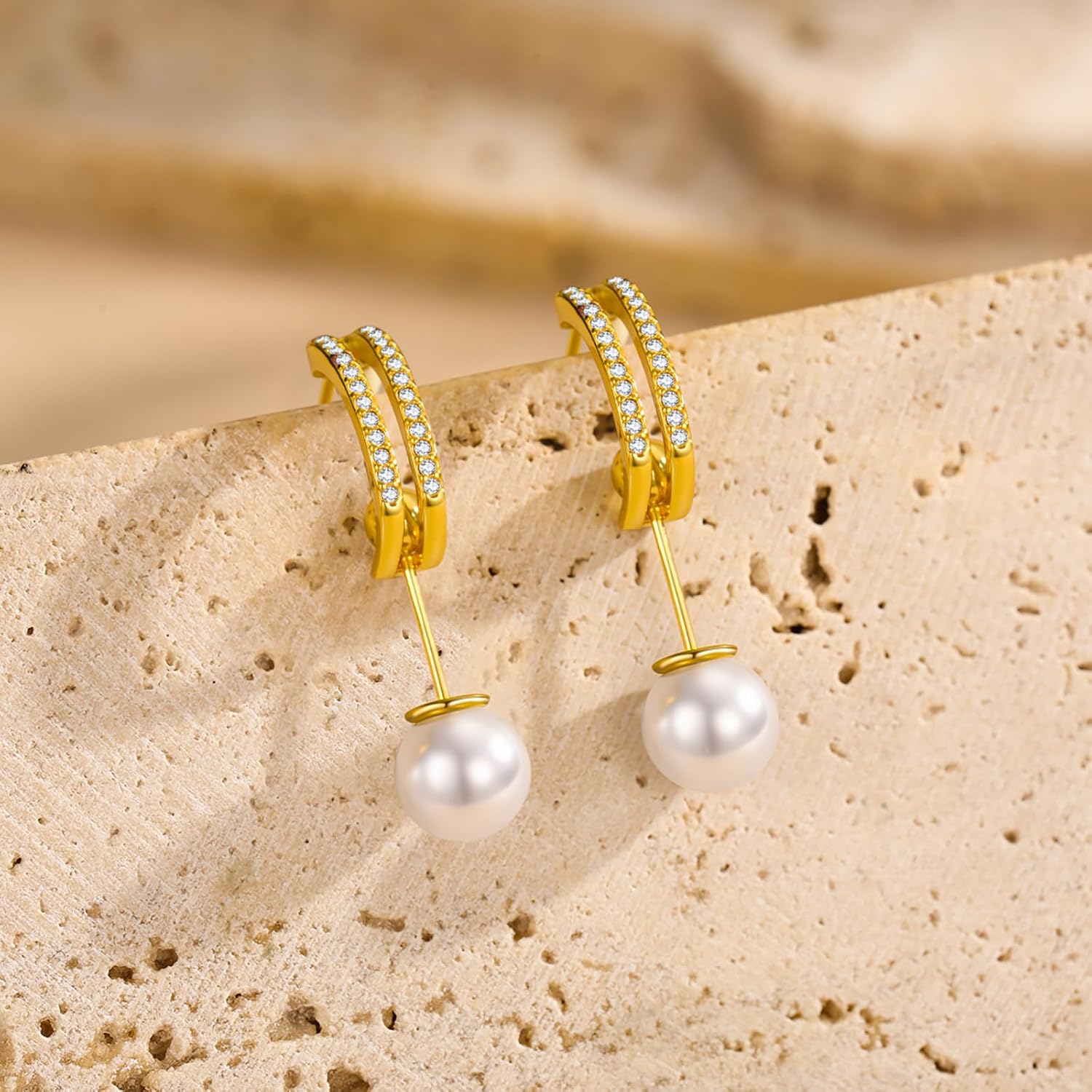 14K White Gold Plated Pearl Drop Earrings with 925 Sterling Silver Post and Cubic Zirconia, Hypoallergenic Small Dangle Earrings with Dangling Pearl for Women - Image 6