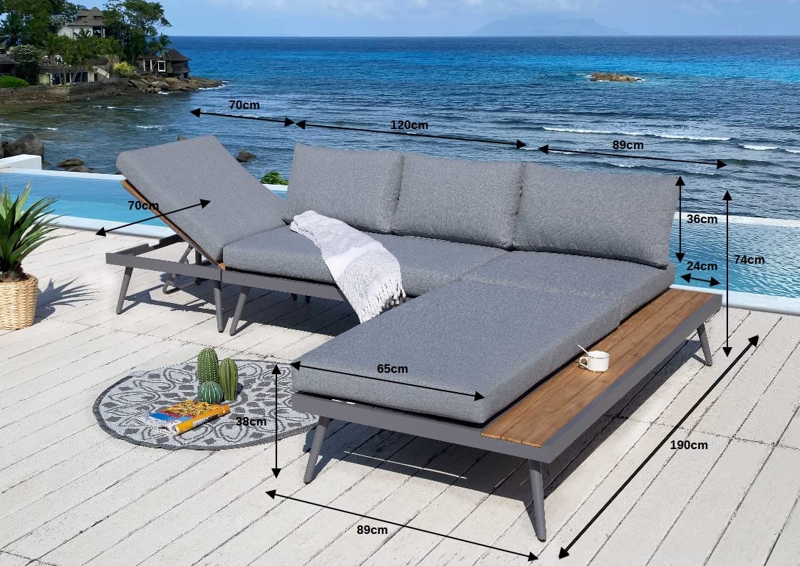 ALEOS. Gartenlounge Lounge aus Aluminium mit Massiv Holz Teak Multifunktionslounge Lounge-Set Loungegarnitur Sitzgruppe Doppelliege Sofagarnitur Barbados grau anthrazit Spunpoly Kissen