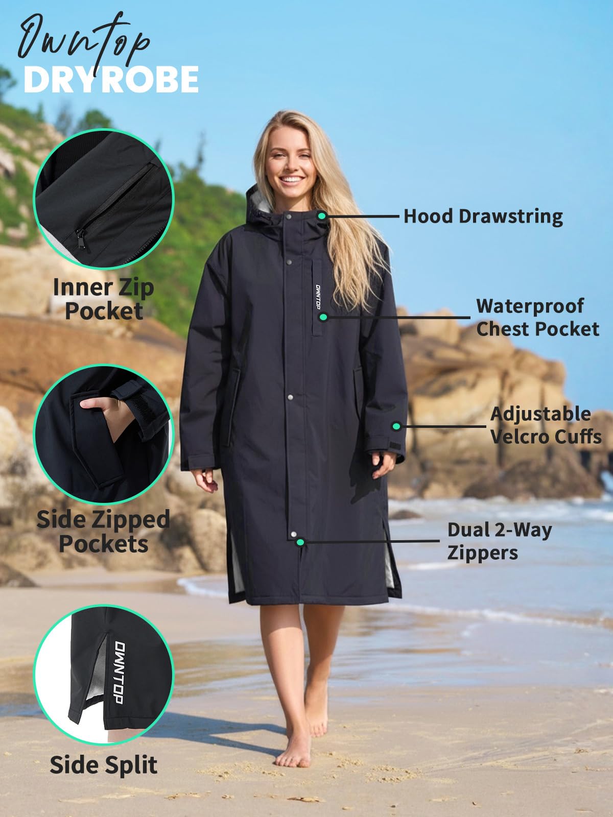 Owntop Wasserdichter Winddichter Wickelmantel – Übergroßer Quick-Dry Langarm Mantel mit Kapuze für Strand Schwimmen Surfen Spaziergänge Frottee-Futter (Unisex für Erwachsene Kinder)