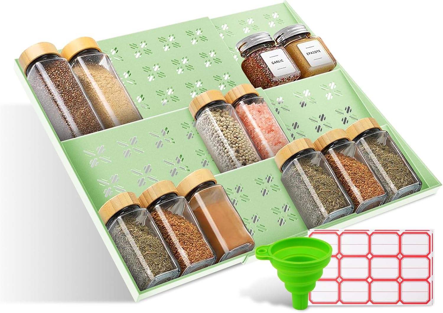 Cinimy Spice Drawer Organiser - 3 Tier Expandable Spice Rack Insert for Drawers, Kitchen, Countertops, Cabinet, Adjustable Seasoning Jars Holder with 60 Labels & Silicone Funnel, No Jars, Green