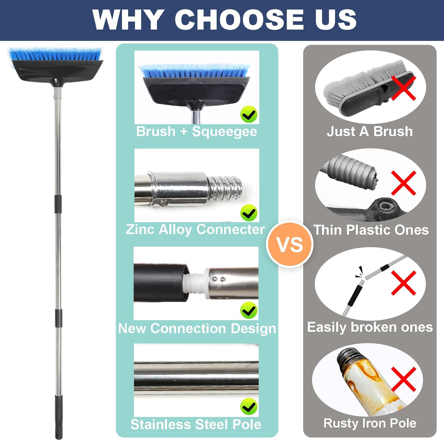 52" Car Wash Brush with Long Handle | Built-in Rubber Squeegee & Rubber Bumper | Lightweight extendable Handle | Soft Bristle Brush for Car, RV, Boat, Solar Panel, Deck Washing - Image 2