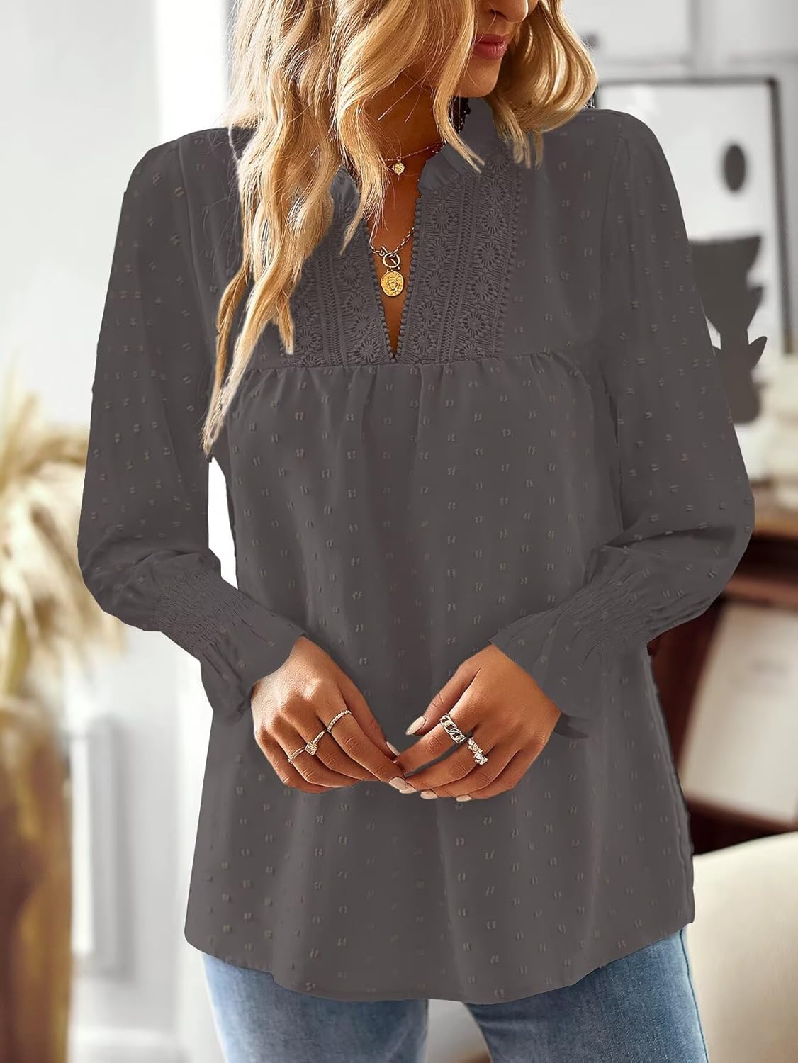 Boho Tops for Women V Neck Blouses Flowy Swiss Dot Dressy Casual Lace Womens Long Sleeve Shirts Trendy 2026 - Image 5