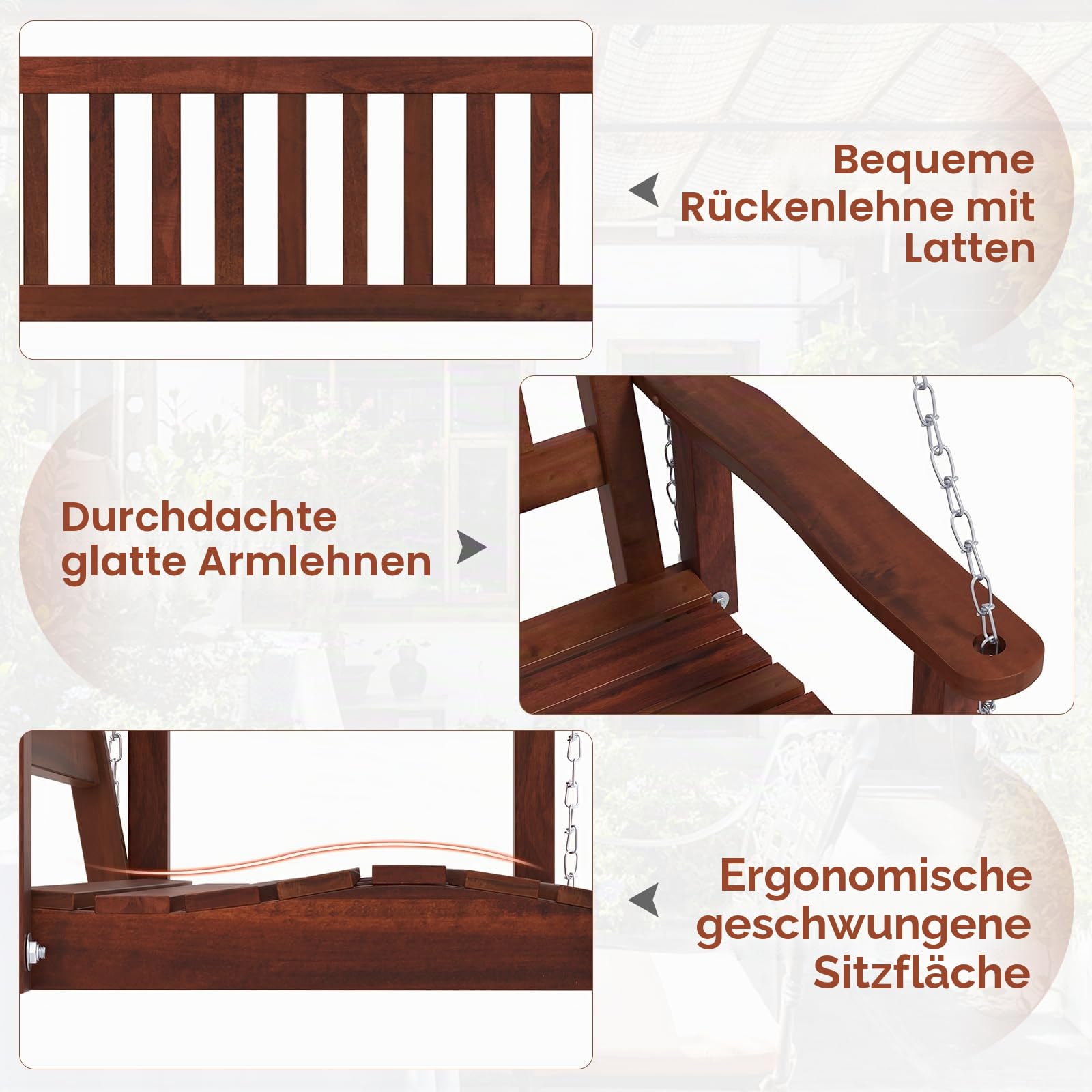 GIANTEX Hängeschaukel aus Holz, für 2/3 Personen, mit verstellbaren und robusten verzinkten Metallketten, mit Rückenlehne aus Latten und Sitz für Terrasse, Garten (168 x 65 x 63 cm, Braun)