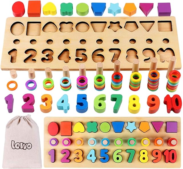 Lewo 3 in 1 Wooden Number Puzzle Montessori Toys Shape Sorter Counting Game Math Stacking Blocks Stem Preschool Educational Learning Toys for Age 2 3 4 5 Year Old Toddlers Kids Boys Girls
