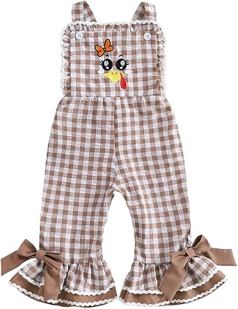 Toddler Baby Girl Thanksgiving Outfit Turkey Bell Bottoms Romper Sleeveless Sling Overall Jumpsuit Clothes