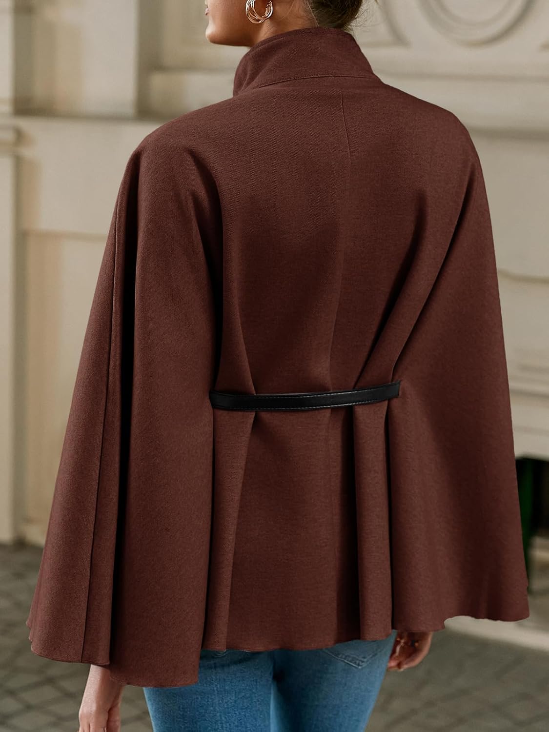 Cicy Bell Womens Batwing Sleeve Poncho Pea Coats Oversized Belted Trendy Casual Stand Collar Cloak Cape Coats - Image 5