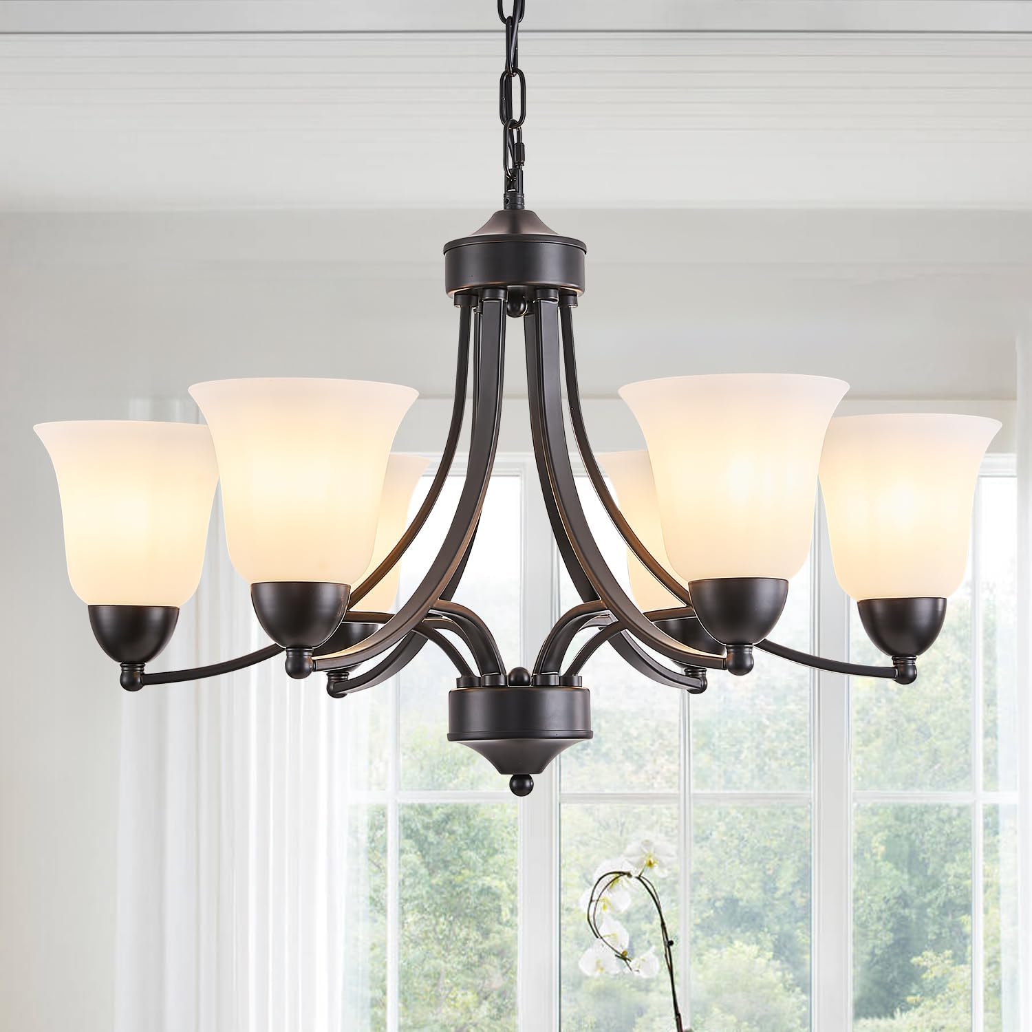 Farmhouse 6-Light Chandeliers with Frosted Glass, Black Rustic Vintage 47.2 Adjustable Height Pendant Lighting, Rustic Ceiling Hanging Light Fixture for Dining Room, Kitchen, Living Room