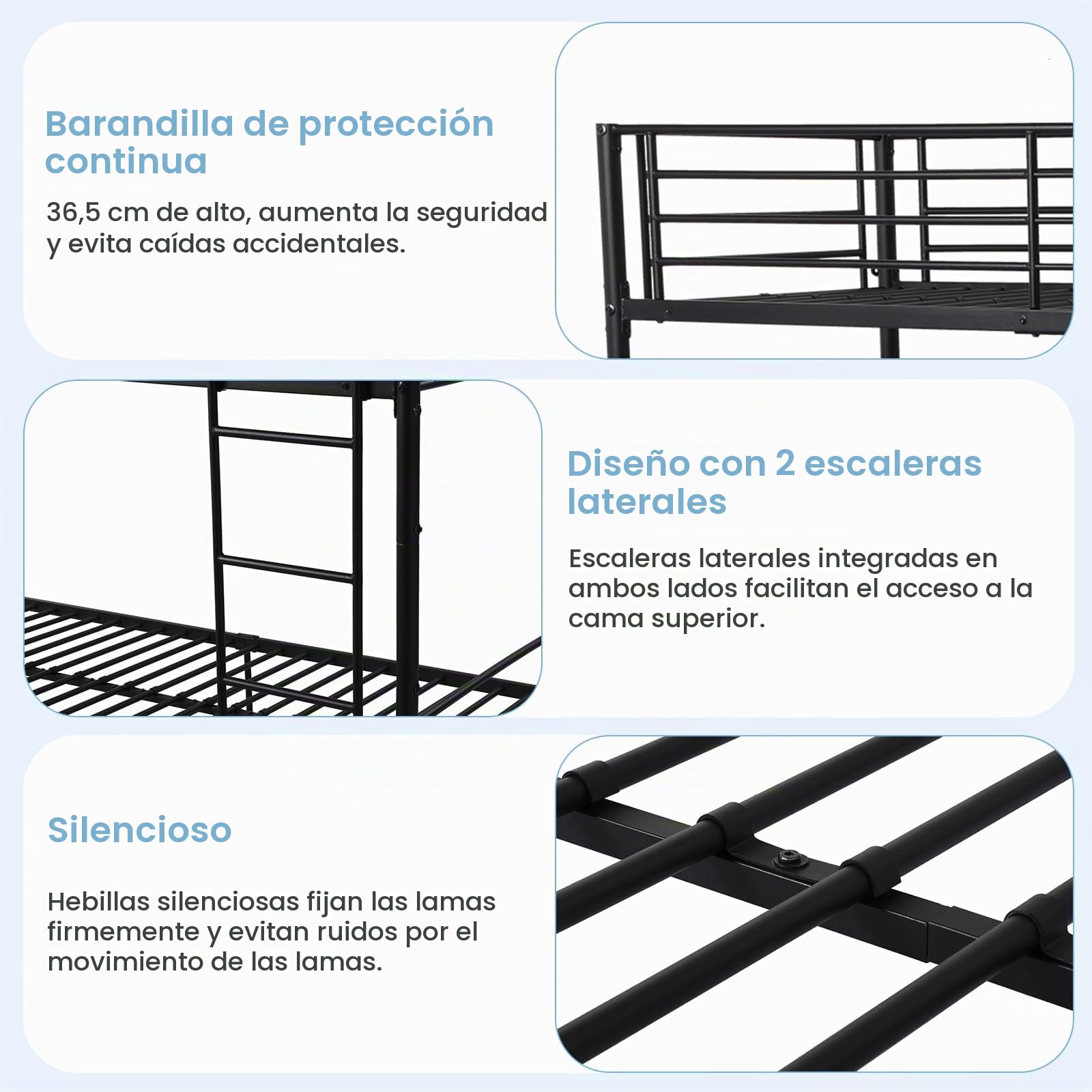 Literas para Niños, Juveniles y Adultos, Estructura Metálica con Escalera y Barandillas, Convertibles en Camas Gemelas, 90x200