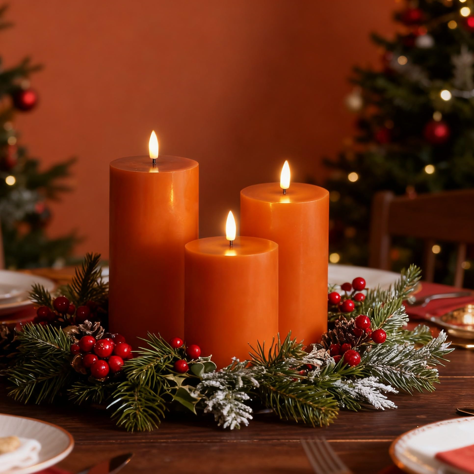 Candele a pilastro senza fiamma, in vera cera tremolante, funzionamento a batteria, set da 3 pezzi, colore: arancione bruciato