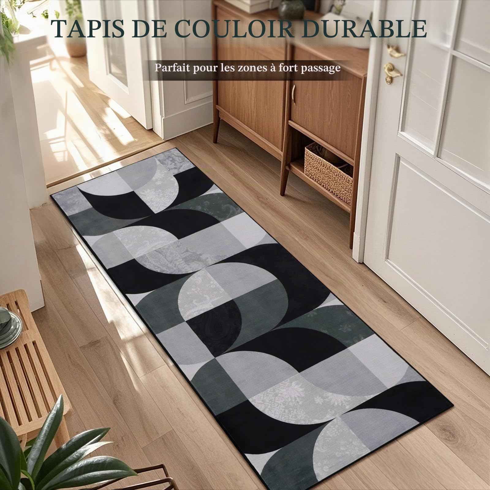 Tapis de couloir bohème à poils courts et doux, lavable, pour couloir, buanderie, entrée, salle de bain, 60 x 180 cm, noir