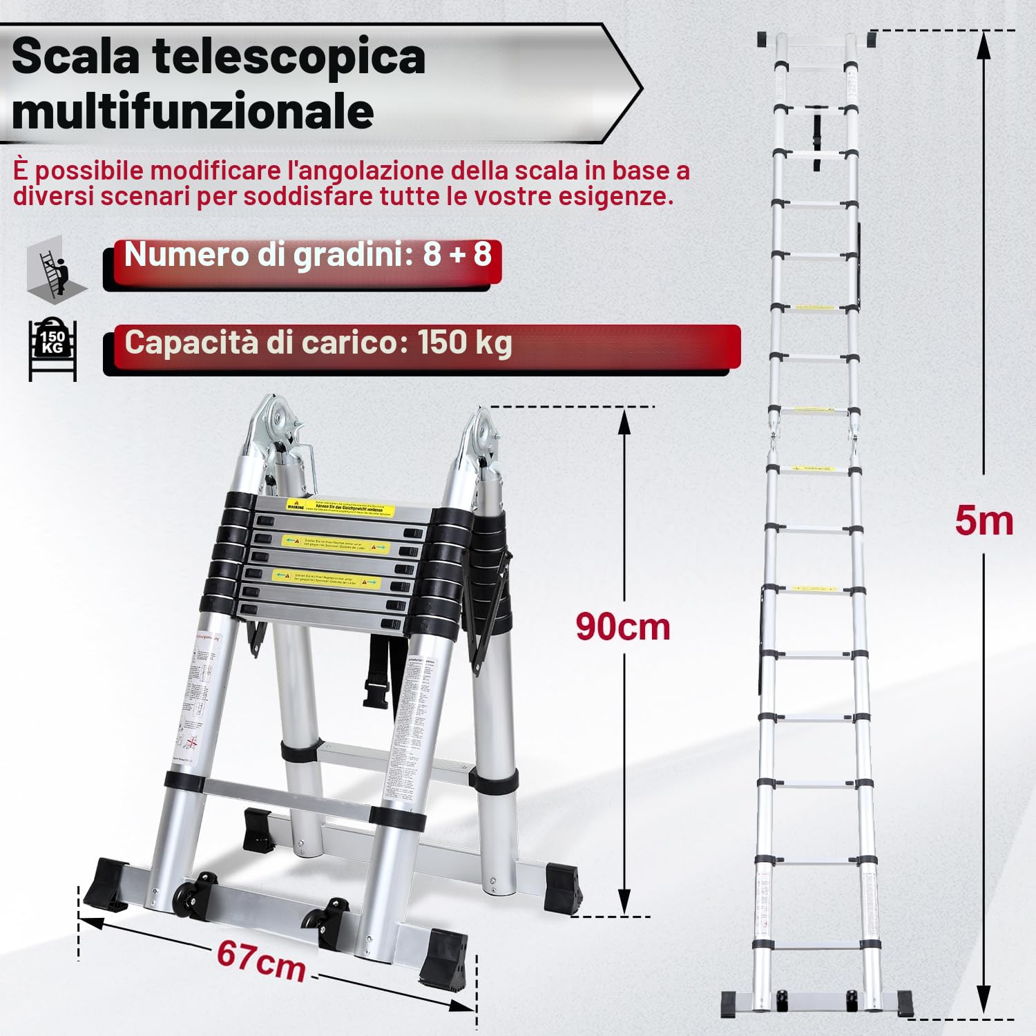 Scala telescopica allungabile in alluminio con gancio rimovibile, antiscivolo, multiuso, portata 150 kg, lunghezza 5 m (2,5+2,5), colore argento
