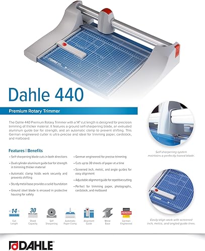 Miniatura 6 de Dahle Recortadora rotativa premium 440, longitud de corte de 14 pulgadas, capacidad de 30 hojas, autoafilado, abrazadera automática, cortador de