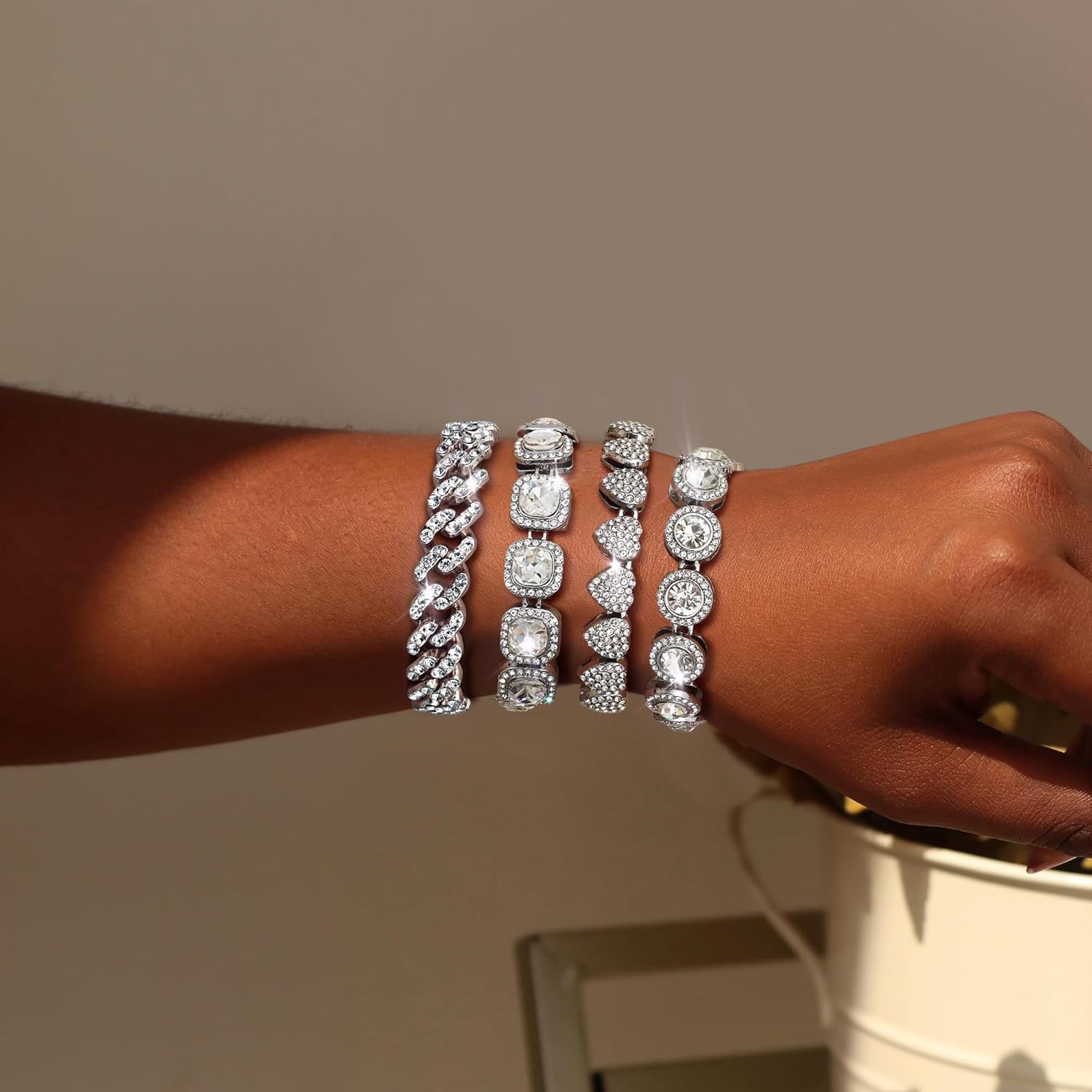 TEN MIRO Silver Plated Bracelets for Women,Silver Tennis Bracelets for Women Non Tarnish Heart Round Square Cuban Bracelet stack Layered Link Bracelet Set Fashion Jewelry for Women or Men - Image 2