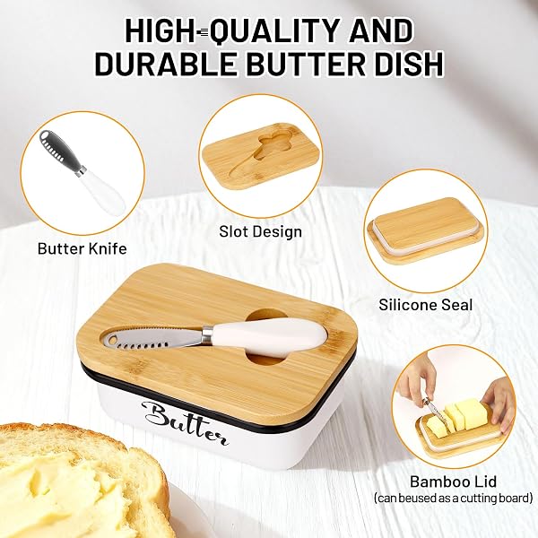 Beurrier en Porcelaine - Boite A Beurre Avec Couvercle En Bois et couteau intégré,Conteneur de Beurre 450g,boite beurres multifonction pour la cuisine et comme cadeau (Blanc) - 4