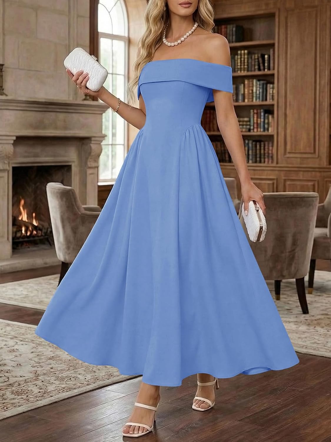 Wenrine Womens 2026 Summer Cocktail Dresses Off Shoulder Short Sleeve Swing A Line Elegant Wedding Evening Party Midi Dress