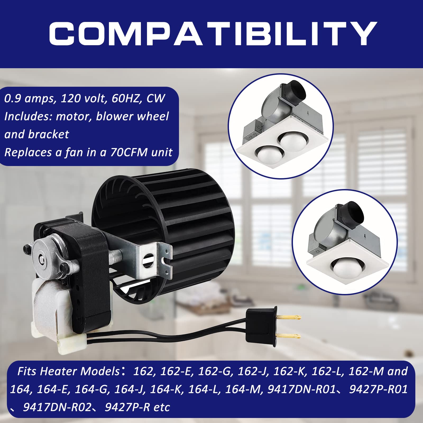 S97009796 Fan Blower Motor Assembly for Bulb Heater Bathroom, Compatible  with Broan 162 G-L, 164 G-l, 9417DN-R01, 9427P-R01, 9417DN-R02, 9427P-R02.  Replaces 97009796, S97009758, S97009796B. : Amazon.co.uk: Automotive