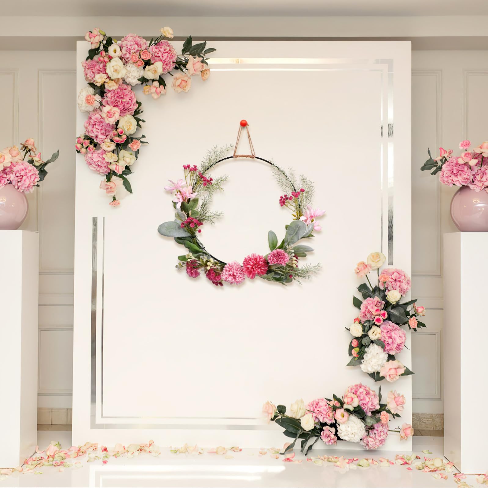 ABOOFAN Metall Türkranz Osterkranz Frühlingskranz Künstliche Blumen Metallring Eukalyptus Kranz Girlande Nelken Blumenkranz Floral Wandkranz Ostern Frühling Haustür Deko