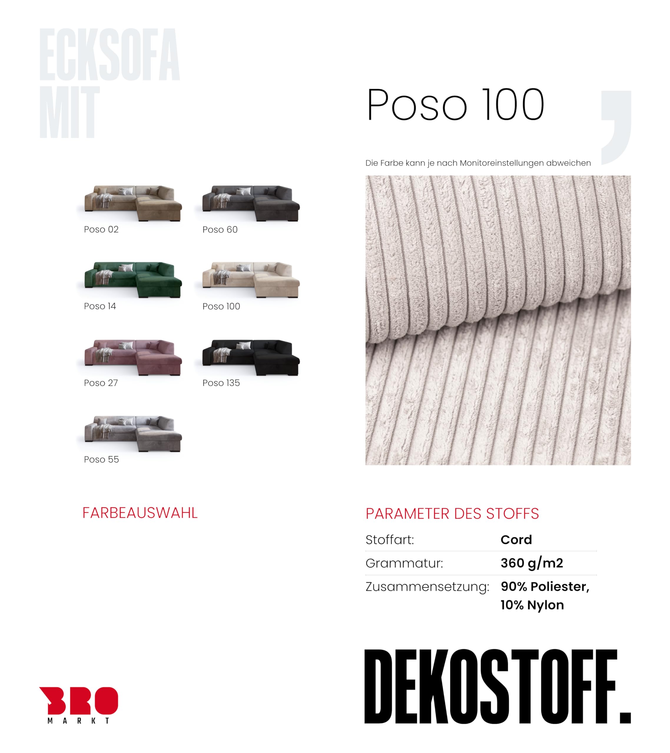 BROMARKT Ecksofa mit Schlaffunktion 260 cm L Form Vanille Rechts Seite Couch Sofa mit Bettkasten Schlafcouch Schalsofa 3 sitzer Eckcouch Sofabett Wohnlandschaft Cordstoff