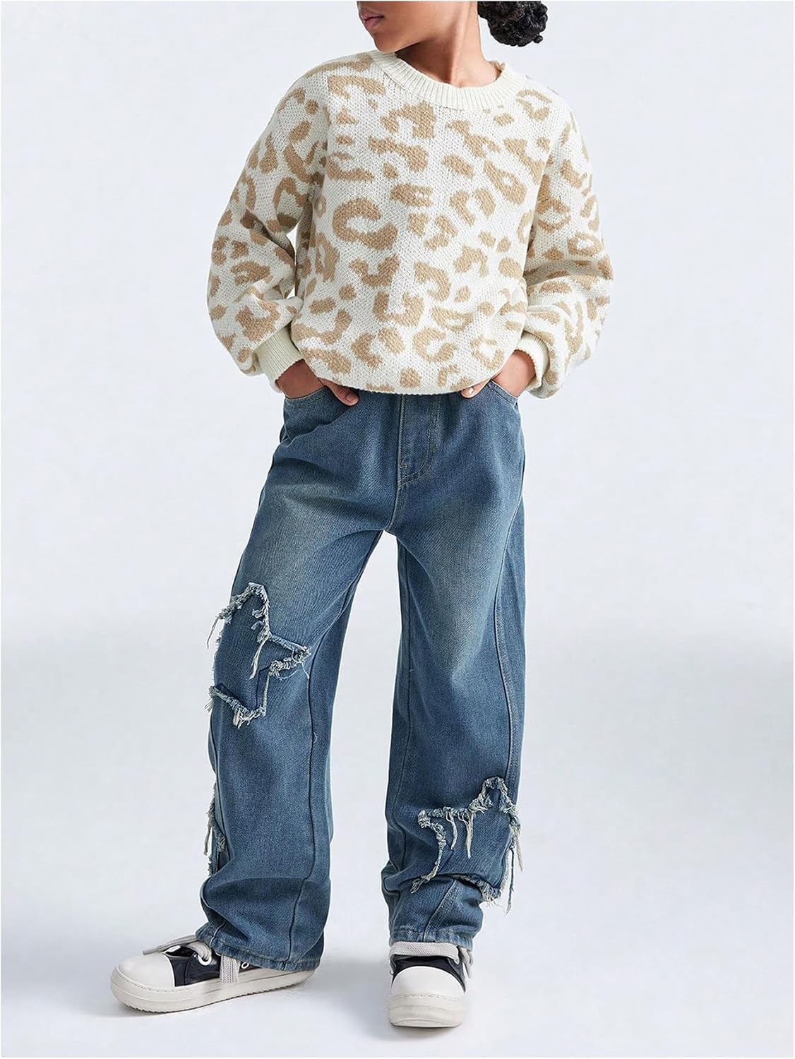 Verdusa Girl's Leopard Print Cozy Sweaters Streetwear Fall Pullovers Trendy Knit Tops