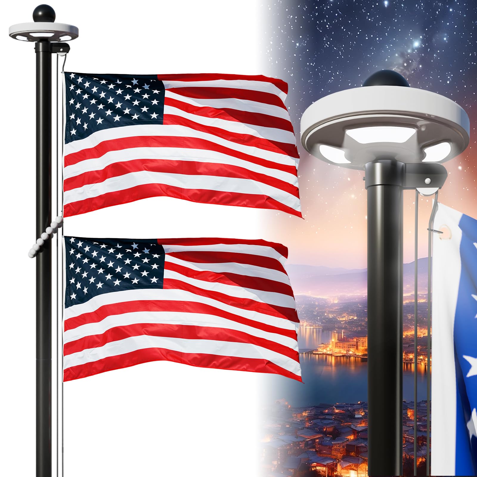 20FT Flag Pole with Solar Light 11 Gauge Aluminum Heavy Duty Flag Pole Kit 100MPH Wind Tested, Includes 2PCS 3x5 Embroidered Stars US Flag for Outdoor Use