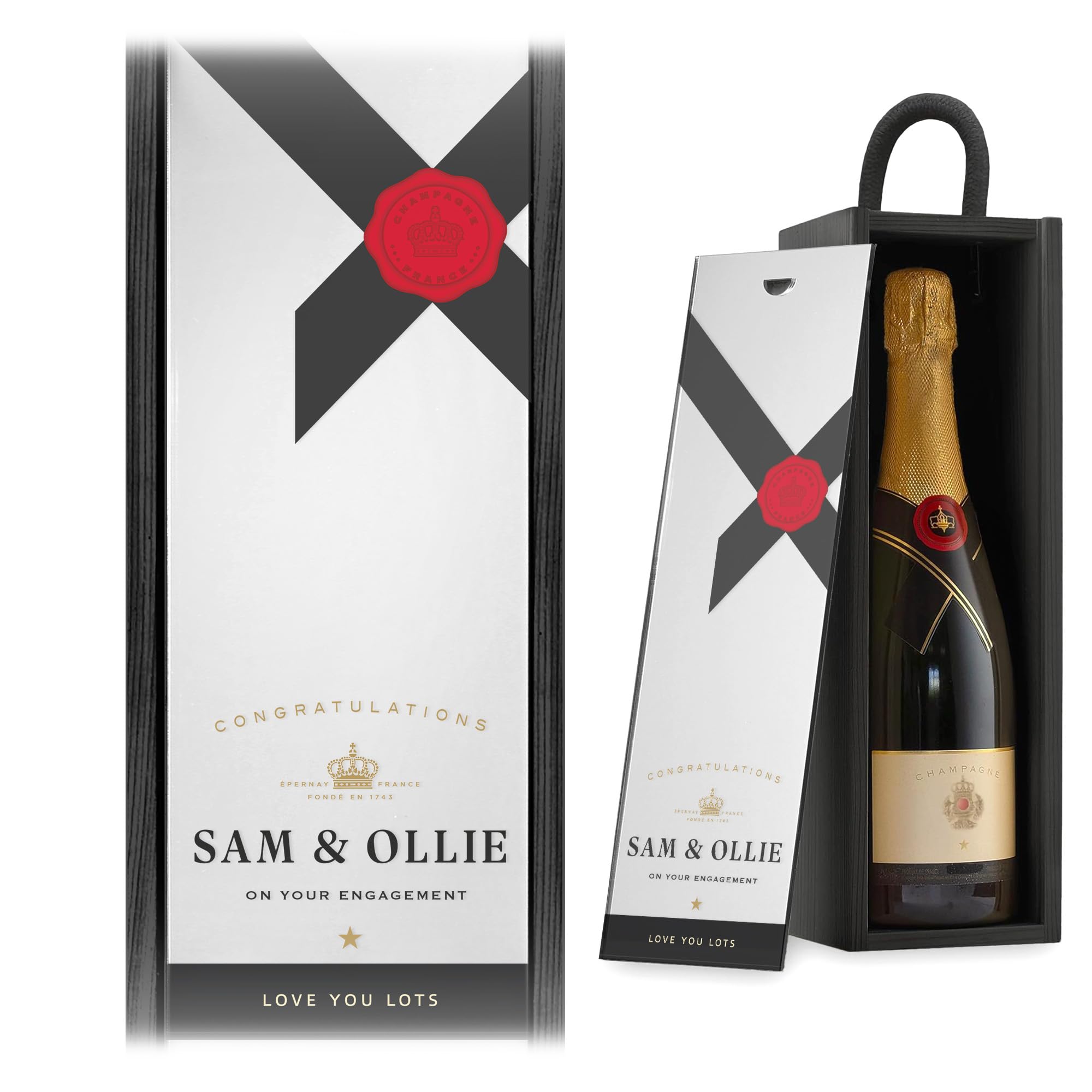 A1 Graphics Ltd Personalised Champagne Wine Gift Box Merry Christmas Custom Printed Birthday Christmas Valentines Anniversary Engagement Gift (Black Box/Silver Mirror Lid)