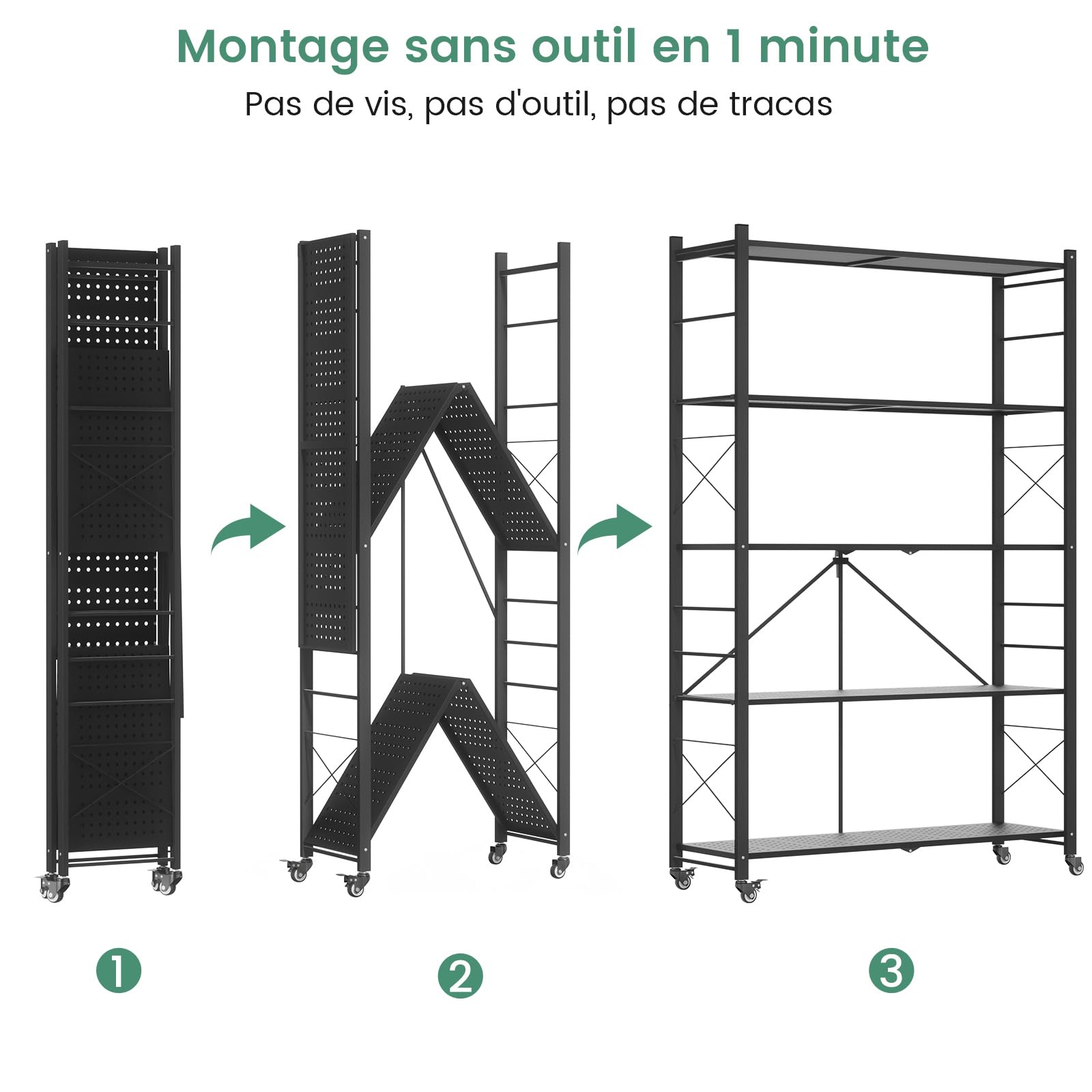ALANNG Étagère Pliable 200kg - 100cm Largeur, 5 Niveaux Étagère Métallique Réglable & Amovible Noir, Montage sans Outil - Étagère Pliable Mobile pour Cuisine Bureau Cave -165x100x35cm