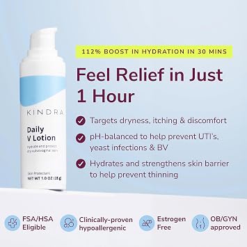 Kindra Daily V XL Vaginal Moisturizer Lotion - OBGYN Recommended for Dryness & Itch, with Hyaluronic Acid, Prevents Unwanted Odor - Estrogen-Free Cream, pH-Balanced Feminine Care - 120 Applications