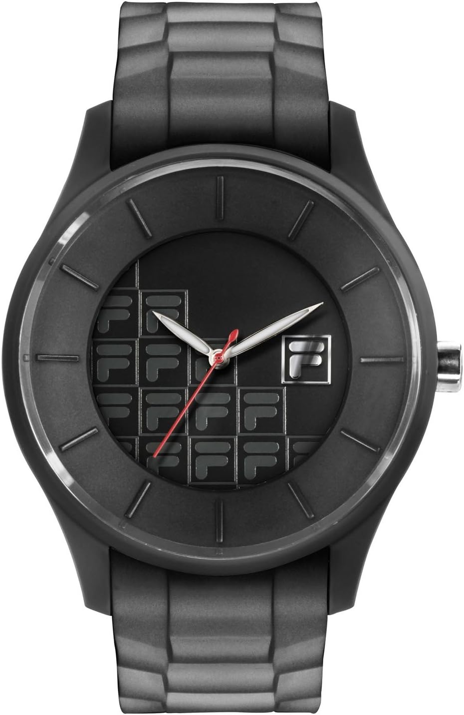 Fila 38-092-103 Quartz Watch, black, showing the watch face with Fila logo pattern and silicone strap.
