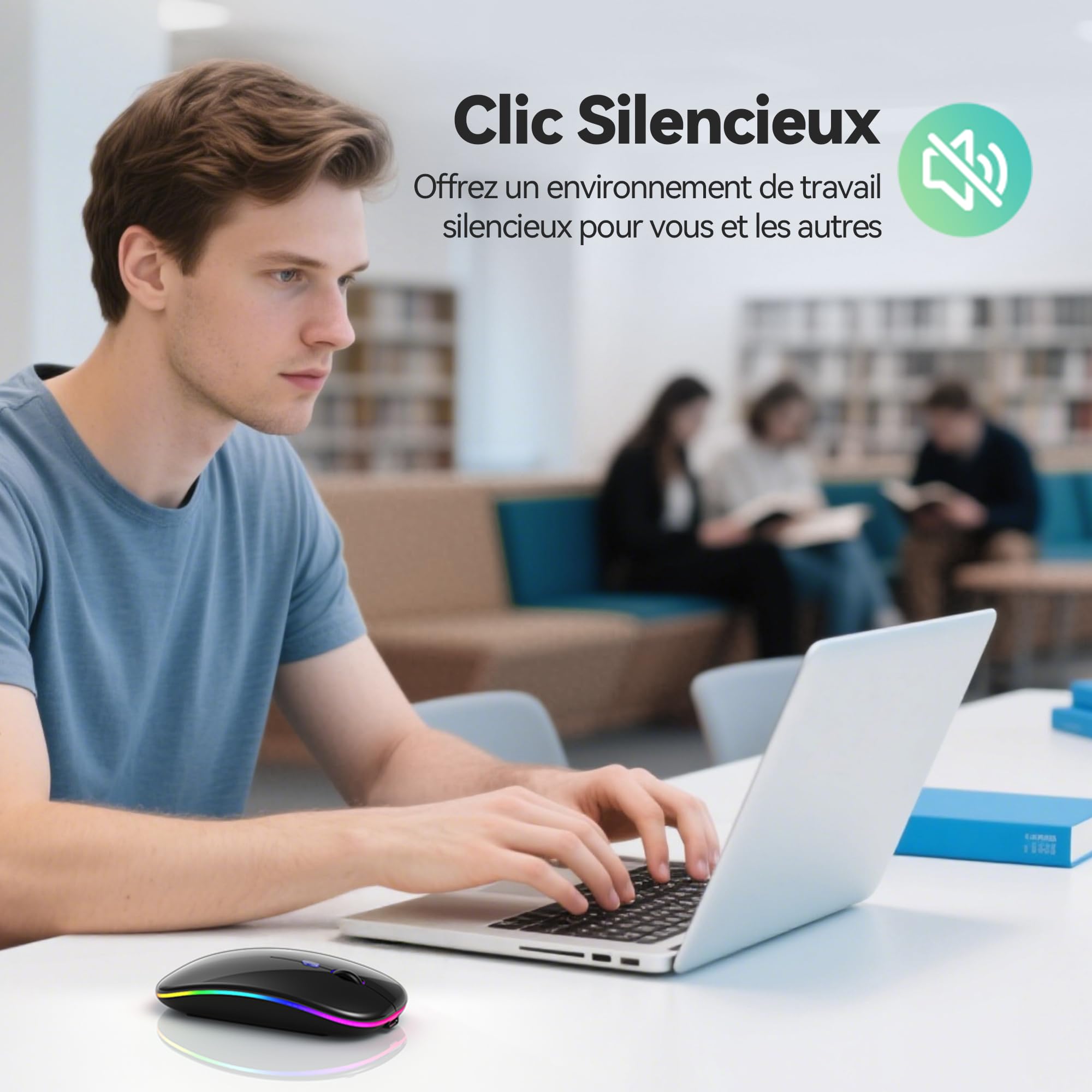 TECKNET Souris sans Fil Bluetooth 5.1, Rechargeable Souris avec Récepteur USB 2,4 GHz, 1600 DPI, Rétroéclairée de 7 Couleurs, Silencieuse, Portable, pour PC/Laptop/Mac, Noir