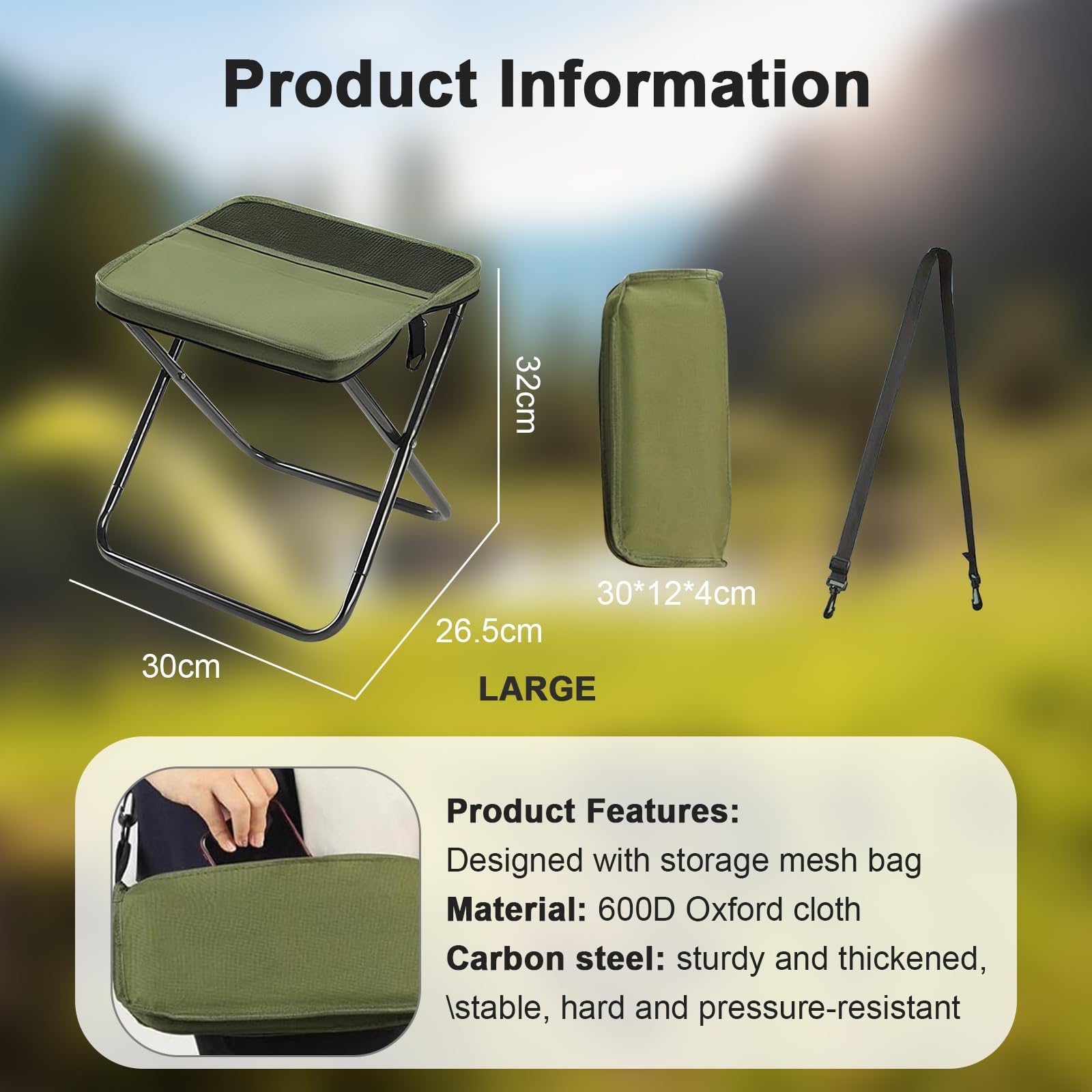 Sgabello Pieghevole da Zaino e Sedile Portatile per Campeggio, Pesca, Viaggio, Escursionismo e Giardino (Verde, Grande)