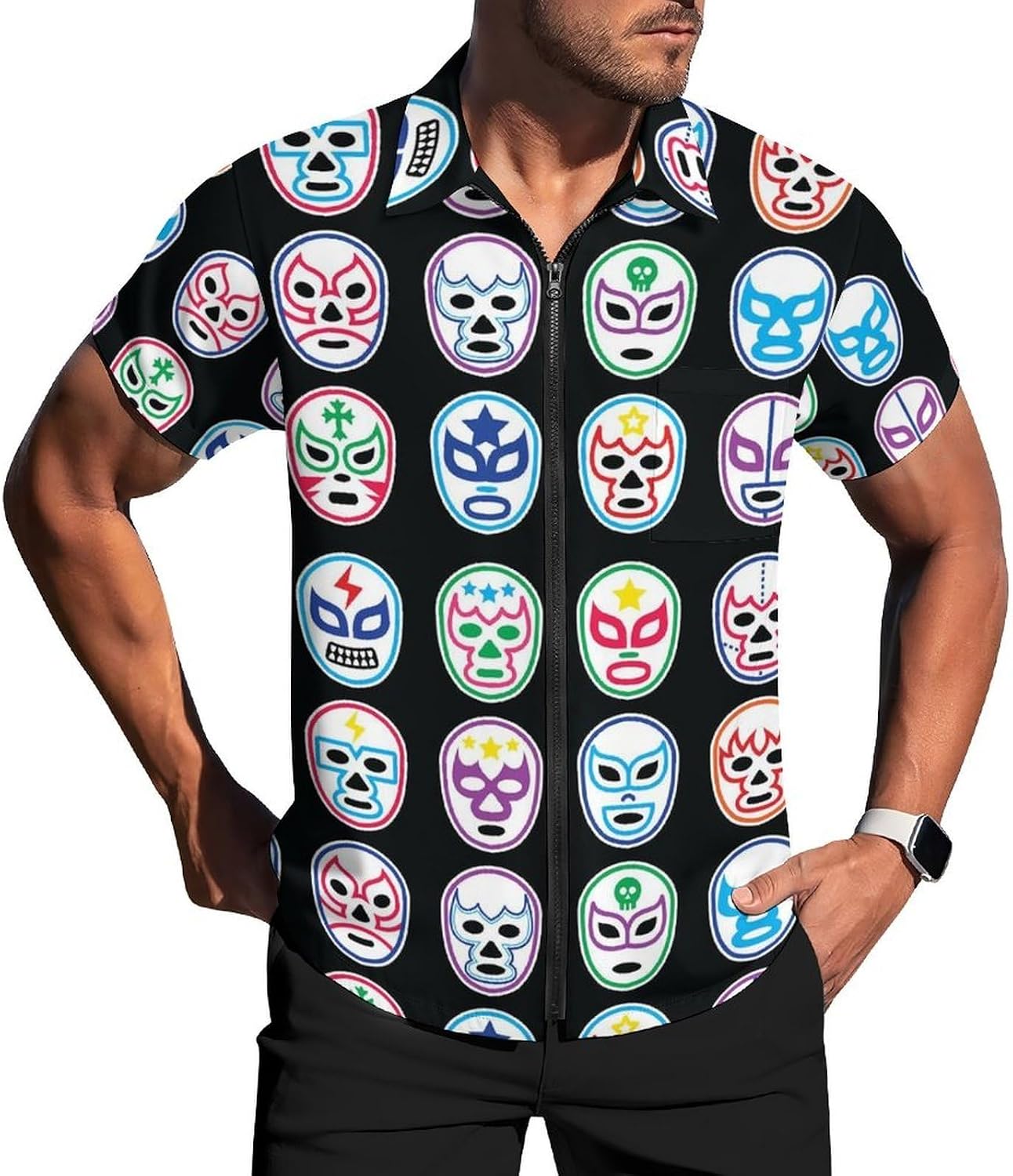 Lucha Libre Mexican Wrestling Masks Men's Short Sleeve Shirt Zip-Up Golf Polo Shirts with Pocket