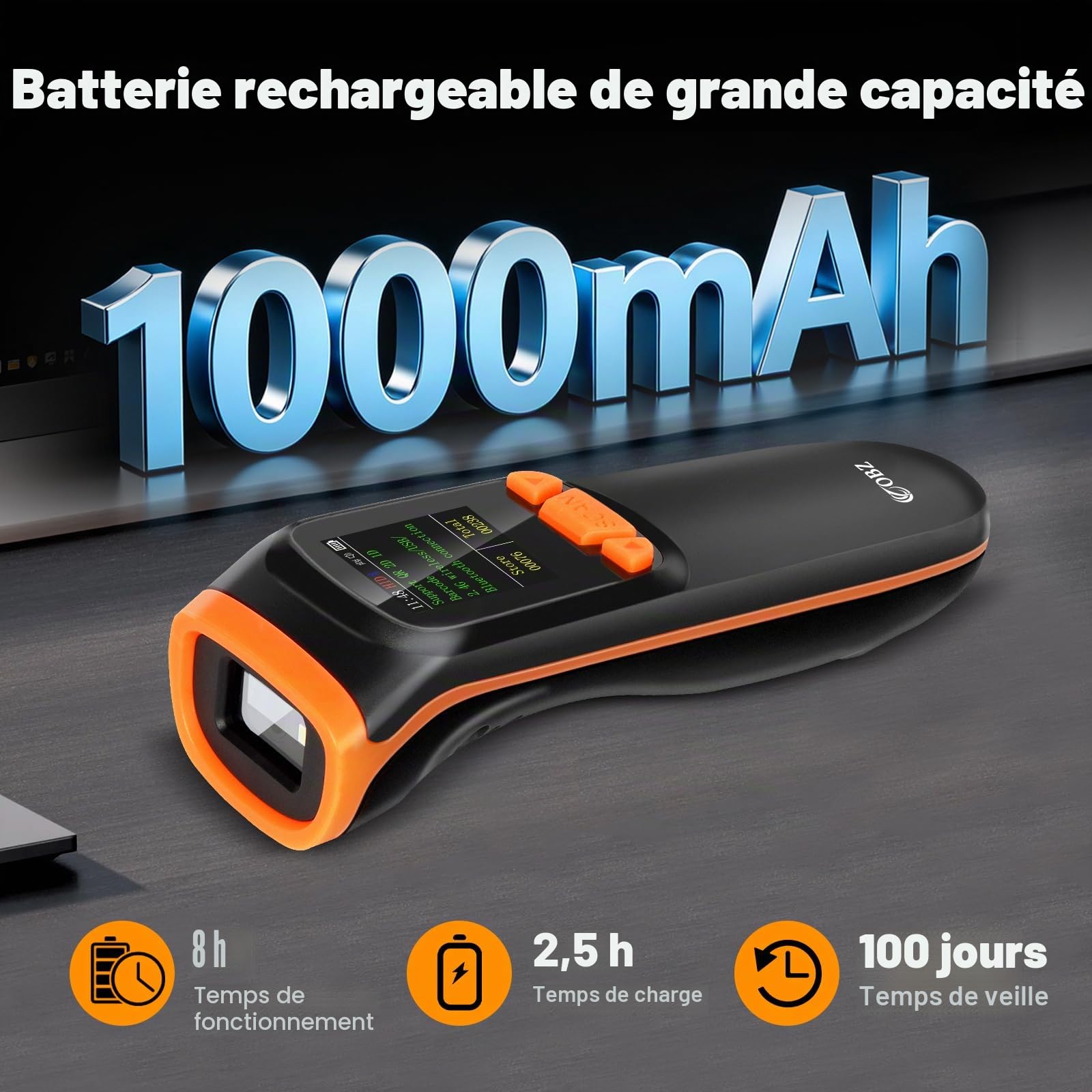 OBZ Lecteur de Codes-Barres sans Fil Grand Écran LCD, Scanner Bluetooth 2.4G/USB, Douchette QR Code 1D/2D, Configuration par Écran et Boutons, Mémoire Hors Ligne pour Inventaire, Magasin, Entrepôt