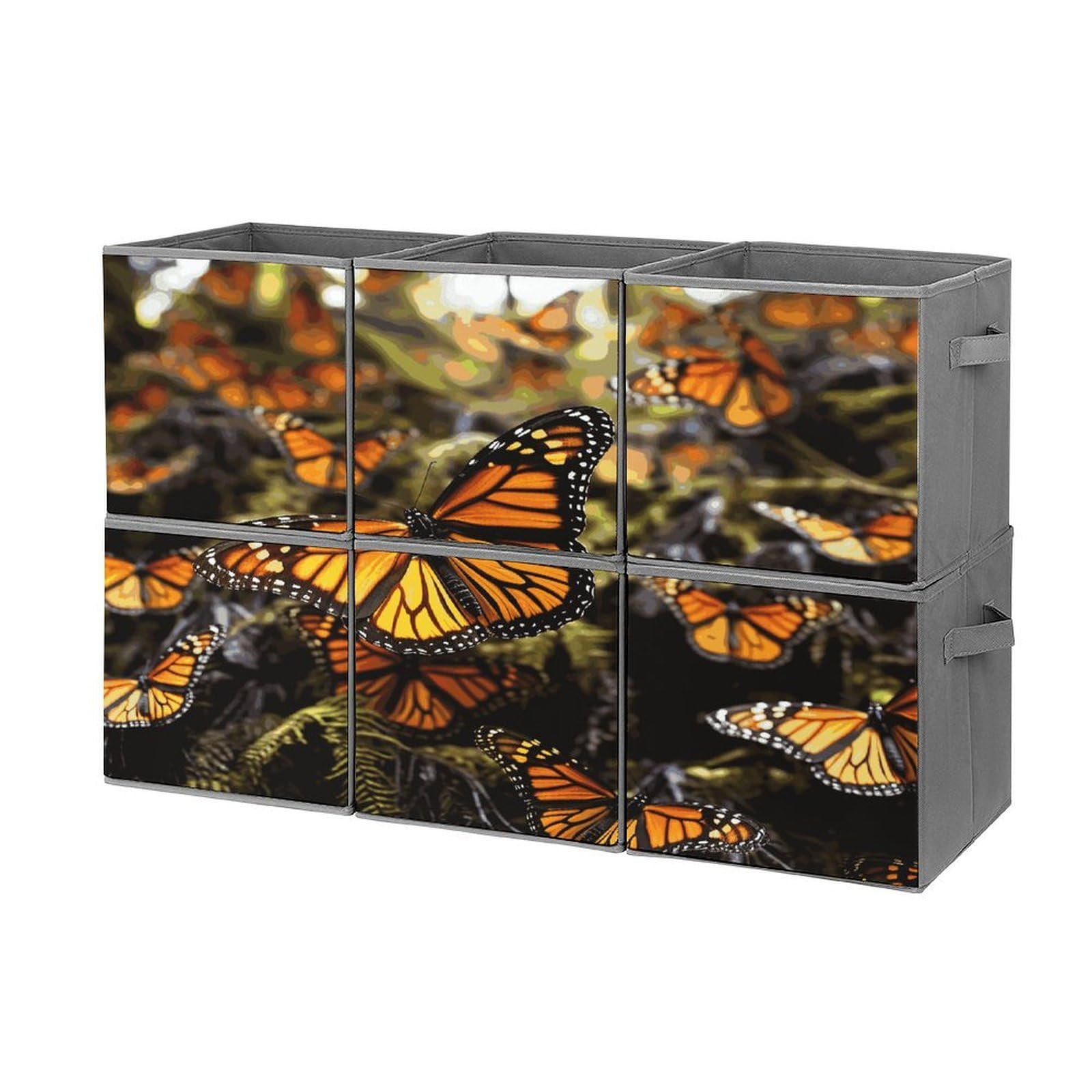 Btcowzrv Style Heaps Of Orange Monarch Butterflies Storage Cubes, 6 Pack Oxford Fabric Foldable Collapsible Bins With Handles, Cubby Storage Baskets Boxes For Closet Shelves Office Organization