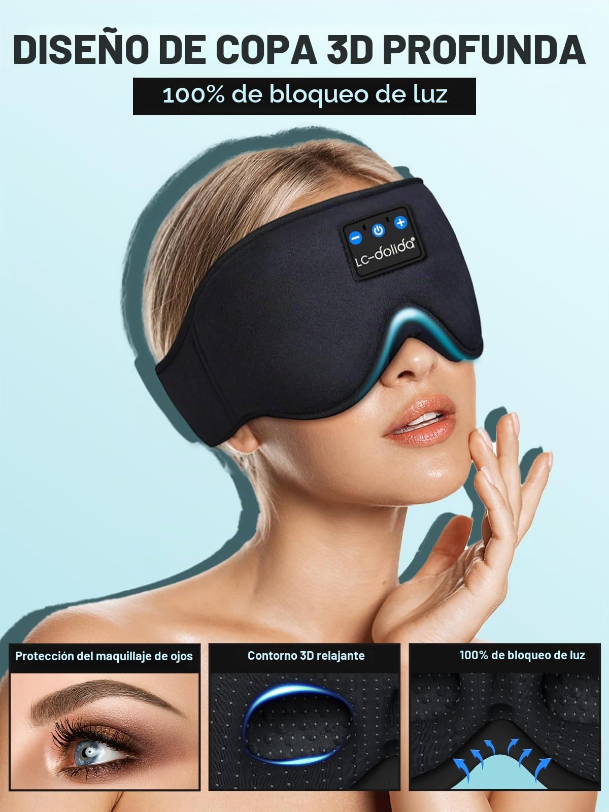 LC-dolida Bluetooth Antifaz para dormir, Auriculares para Dormir Anti-Luz Máscara de Dormir Sin Presión Ocular para Mujeres y Hombres, Auriculares para Dormir en Viajes, Turnos de Noche, Oficina