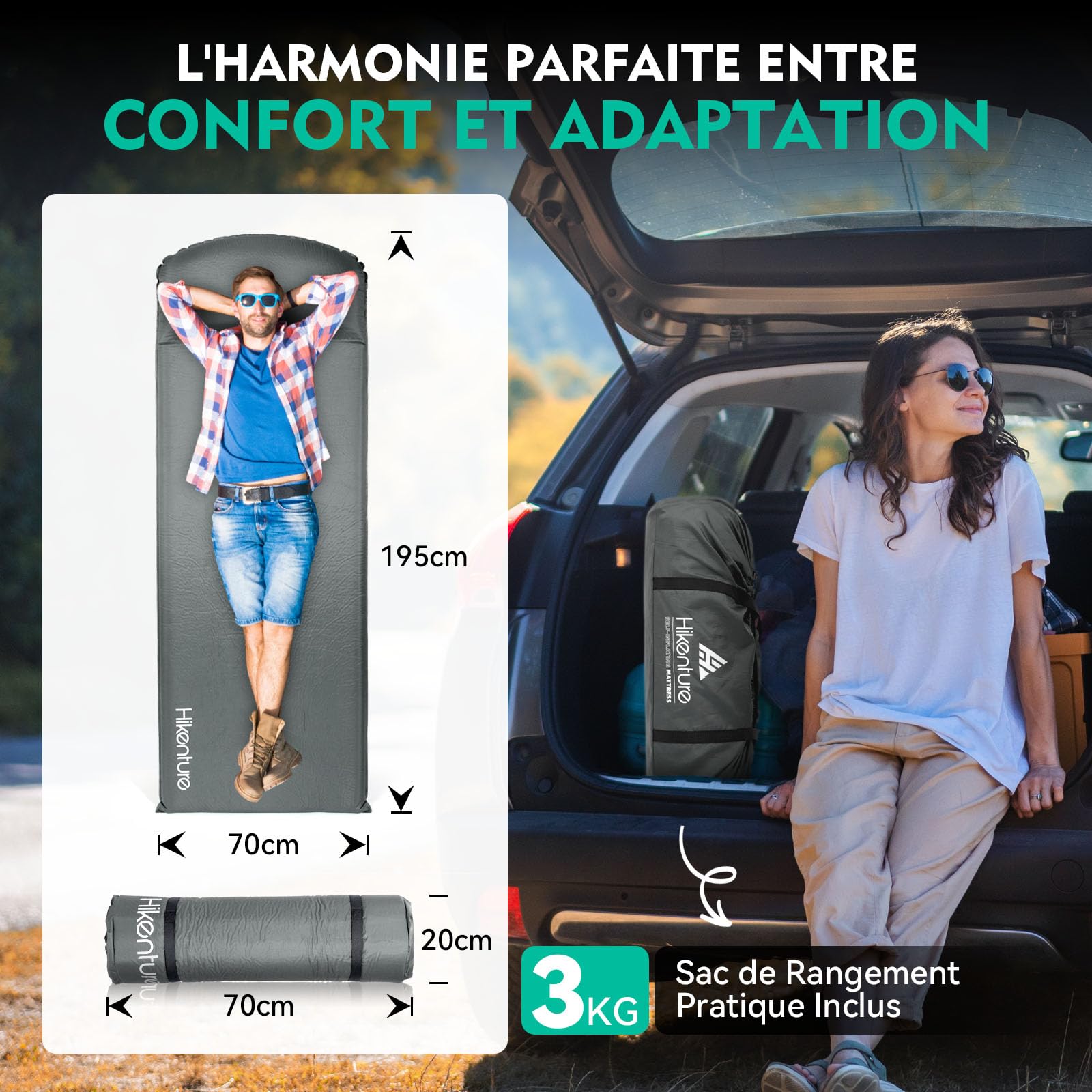 HIKENTURE Matelas Autogonflant en Mousse 8 cm - Ultra-Confort | Avec Oreiller et Silencieux - Valeur-R 9,6 Isolant 4 Saison - Matelas Camping 1 place pour Trekking, Randonnée et Bivouac