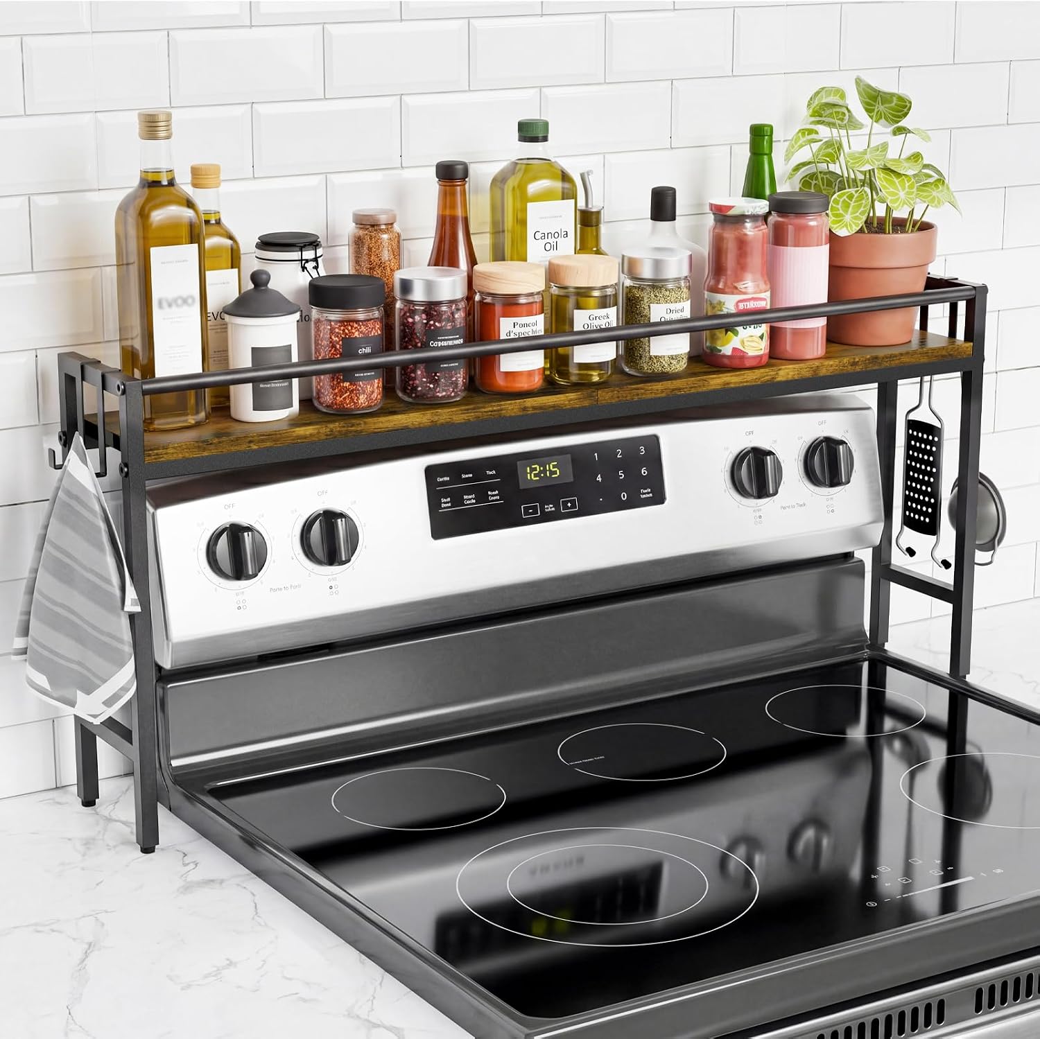 Over the Stove Shelf, 32'' Stove Top Shelf with 4 Hooks, Rustic Wood & Metal Stove Shelf for Back of Stove, Over Stove Spice Rack Organizer for Electric, Gas, Curved, Flat-Top Kitchen Stoves