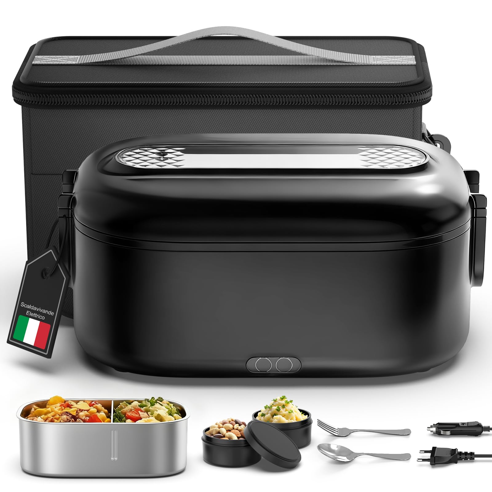Scaldavivande Elettrico Portatile, 100 W Porta Pranzo Termico con Borsa Termica, 1.5 L 3 In 1 Scalda Vivande Elettrico, 12 V/24 V/220 V Lunch Box Termico per Auto Camion e Ufficio, Nero