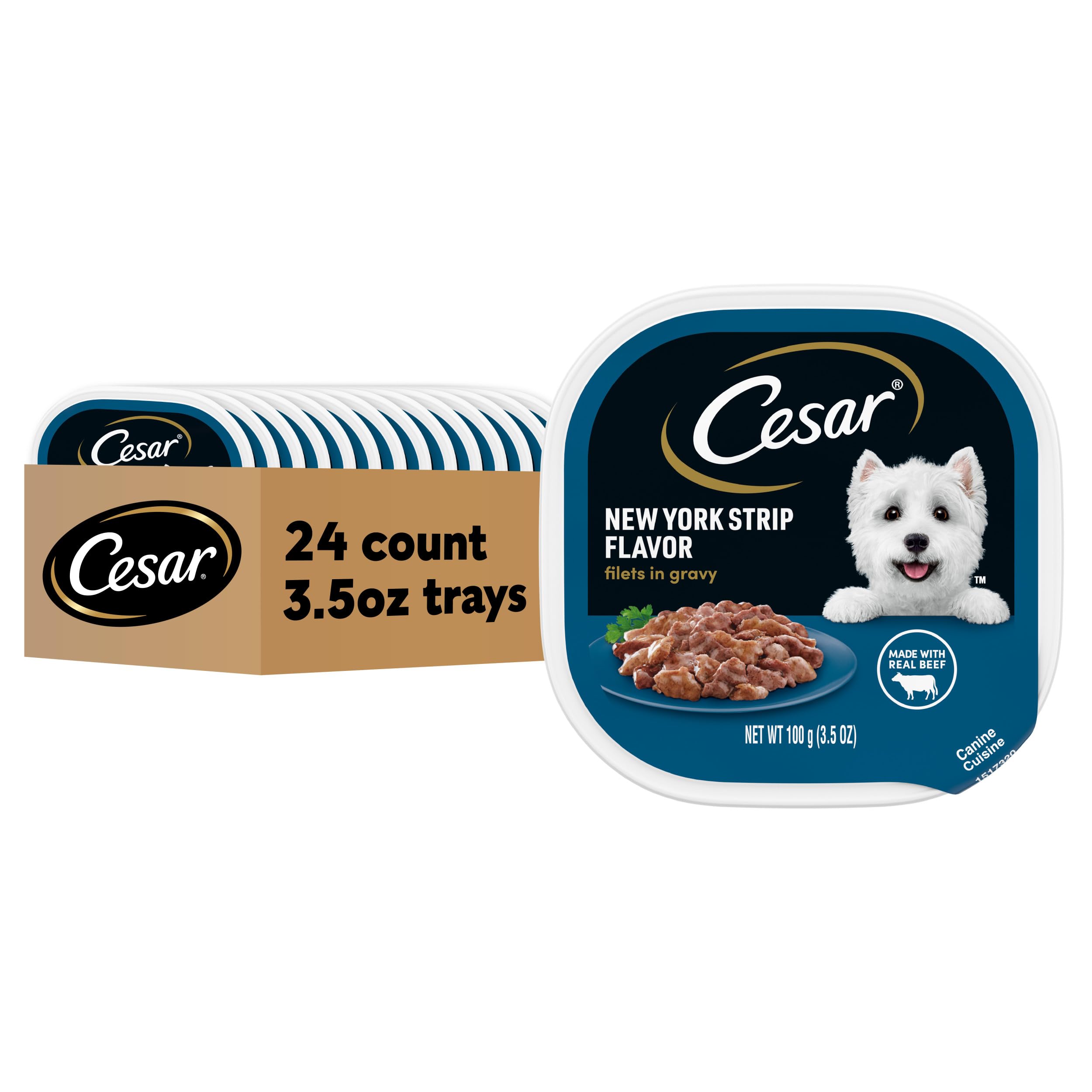 Cesar Filets in Gravy, Adult Wet Dog Food, New York Strip Flavor, Wet Food for Dogs, 3.5 oz Trays, 24 Count
