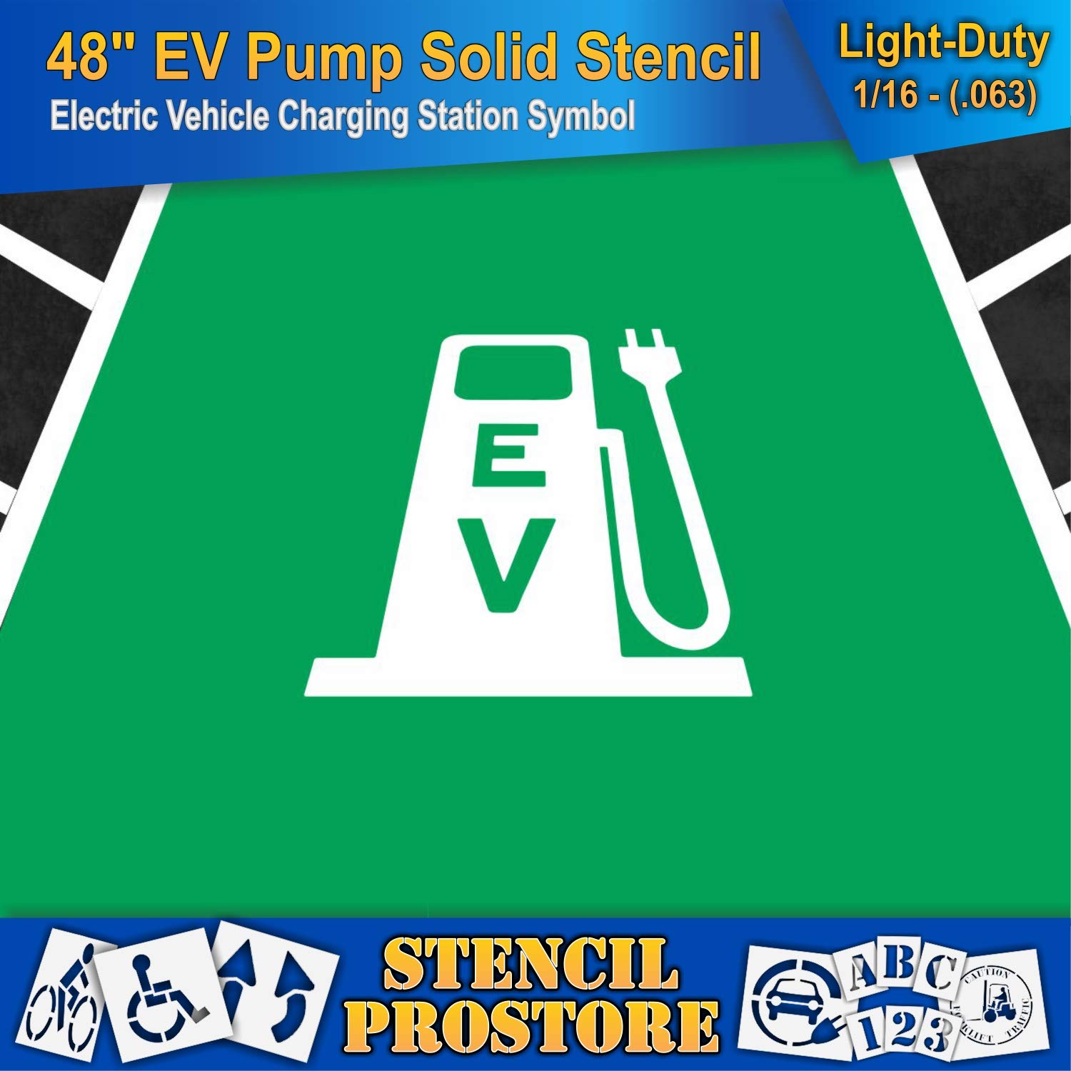 Pavement Stencils - 48 in - Electric Pump with Plug and EV Letters - 48'' x 34'' x 1/16" (63 mil) - Light-Duty