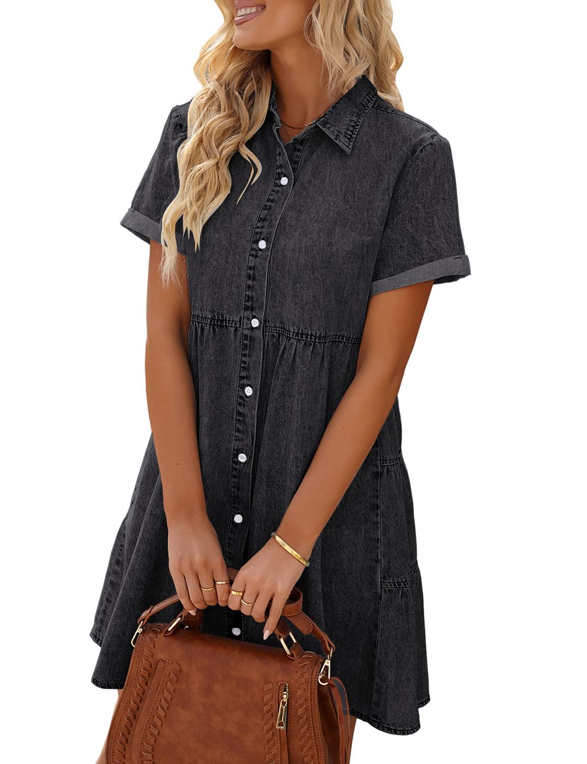 LookbookStore Women's Short Sleeve Button Down Flowy Tiered Babydoll Denim Dress