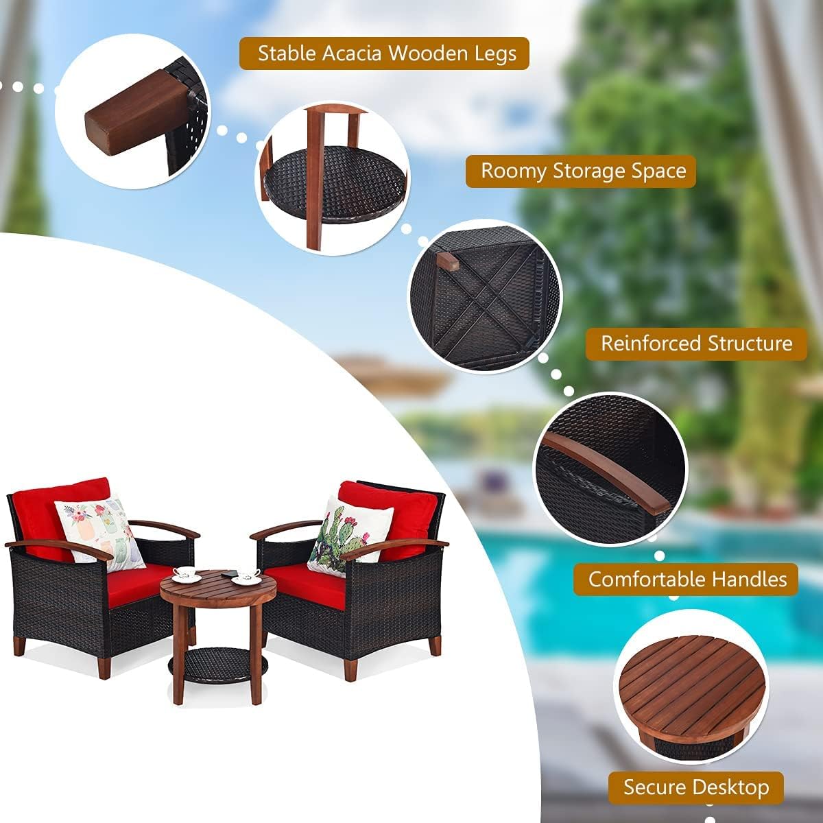 HAPPYGRILL 3 Pieces Patio Conversation Set Outdoor Rattan Wicker Sofa Set with Cushion and Acacia Wood Frame Table and Chairs Set for Garden Poolside Balcony