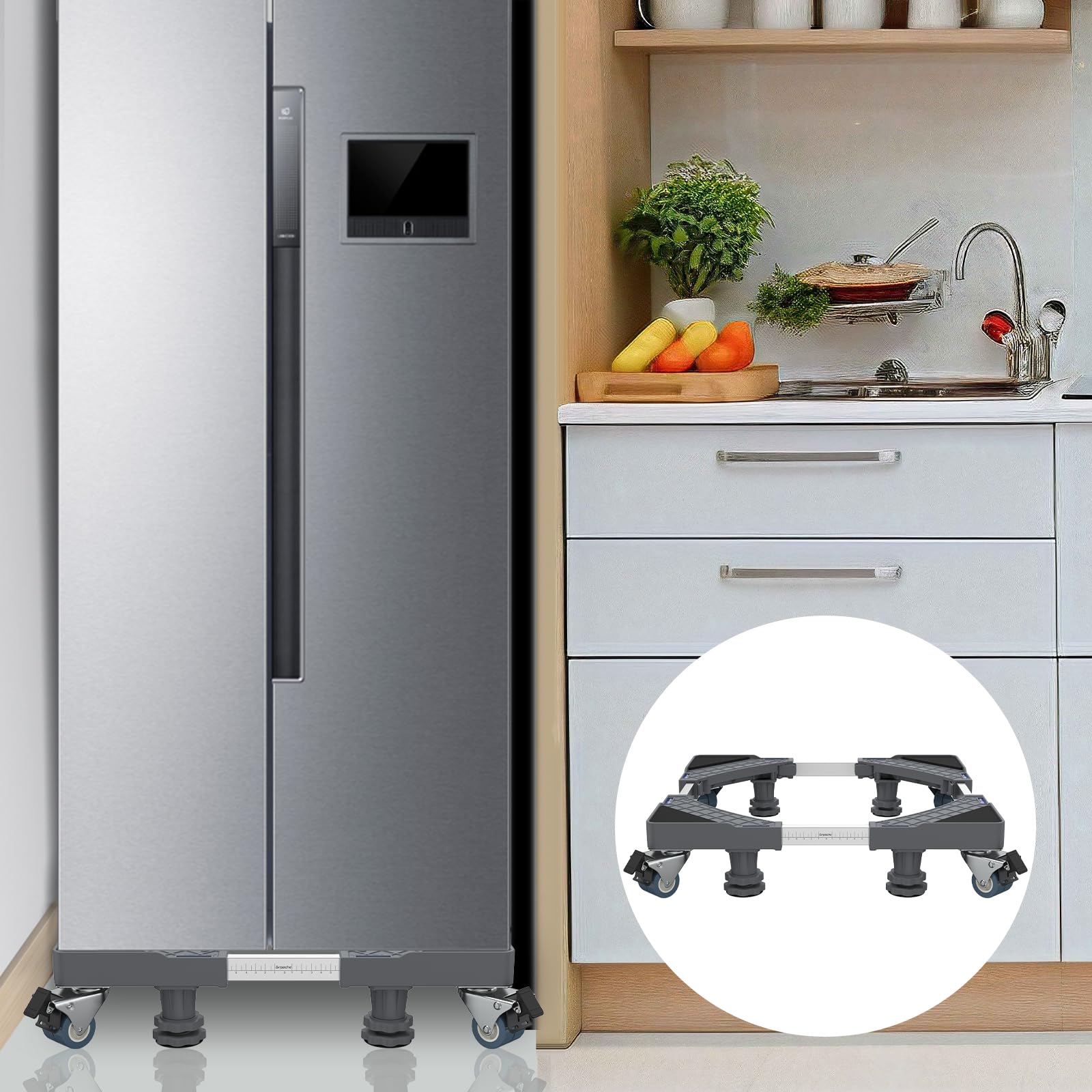 Base Lavadora con 4 Patas y 8 Ruedas con Bloqueo, Pedestales Móviles para Lavadora, Secadora, Frigorífico Capacidad De Carga 500 Kg(Gris, Ajustable: 45,5 – 70 cm)