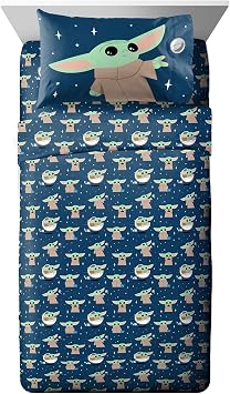 Jay Franco Kids Sheet Set with Fitted, Flat Sheets & Pillow Cover - Ultra-Soft Bedding with Pillowcase for Room Decor, Blue - Star Wars Mandalorian, 3 Piece Twin