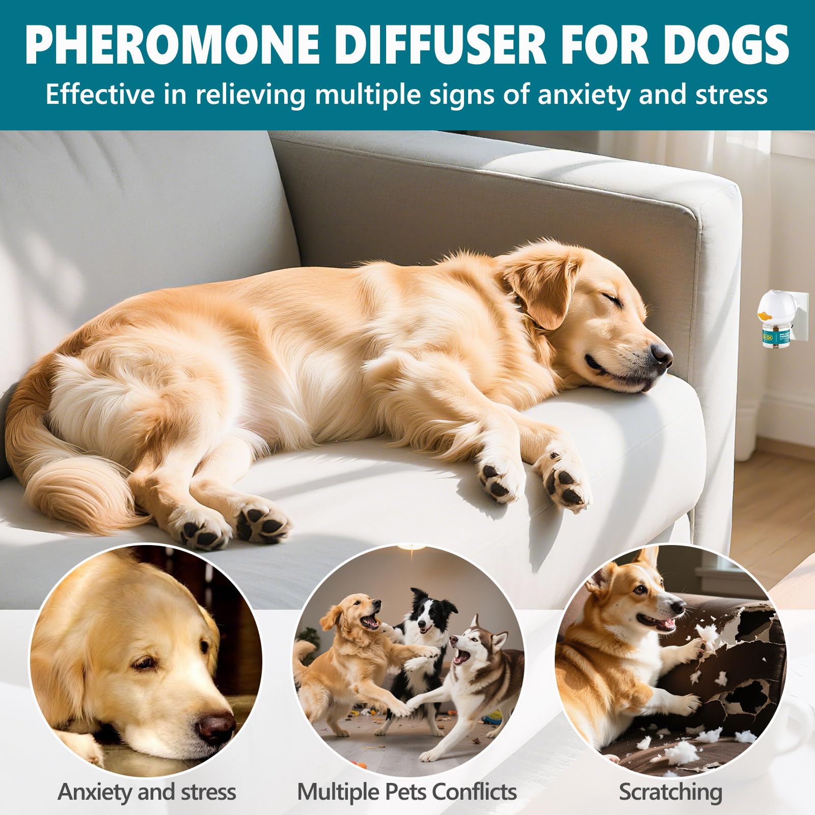 Diffuseur de Phéromones Calmant pour Chien, Calmant Apaisant Prise Phéromones pour Soulage L'anxiété de Séparation, le Stress, les Aboiements et les Mordillements (1 Diffuseur+2 Recharges 48 ML)