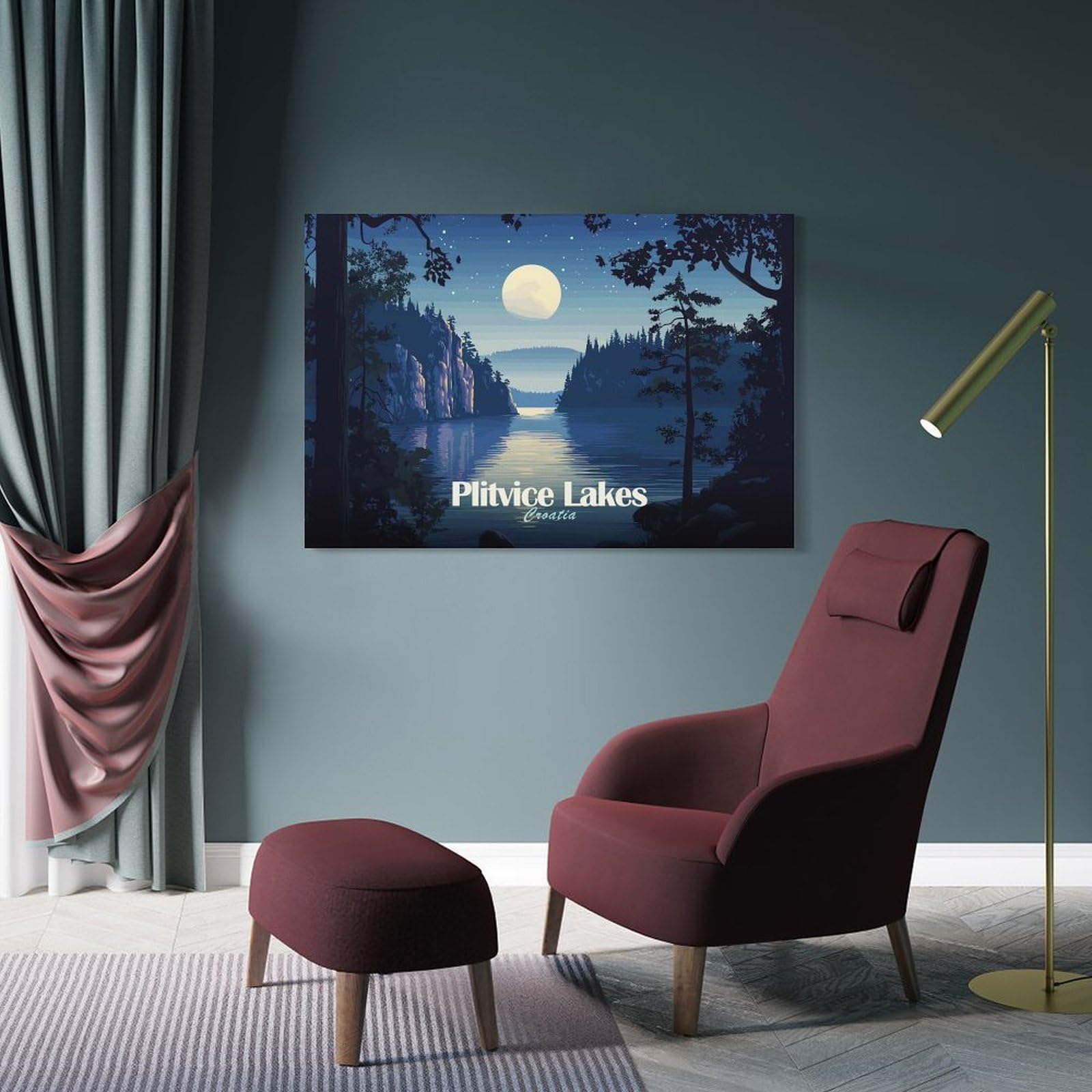 Junmoney Plitvice Lakes Croatia Night Landscape Canvas Wall Decor, 08x12inch(20x30cm), for Wall Displays, Bedrooms Or Room Updates, Wall Decor Suited to Curated Displays