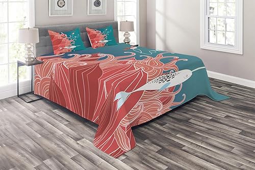 Ambesonne Narwhal Coverlet, Love Themed Sketch Illustration with Arctic Whale Bird and Floral Arrangement, 3 Piece Decorative Quilted Bedspread Set